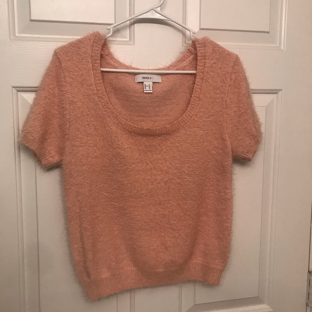 Fuzzy pink short sleeve sweater